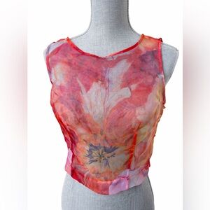 Bebe Sheer Floral Mesh Crop Top Y2K Sleeveless Red Pink Size 10